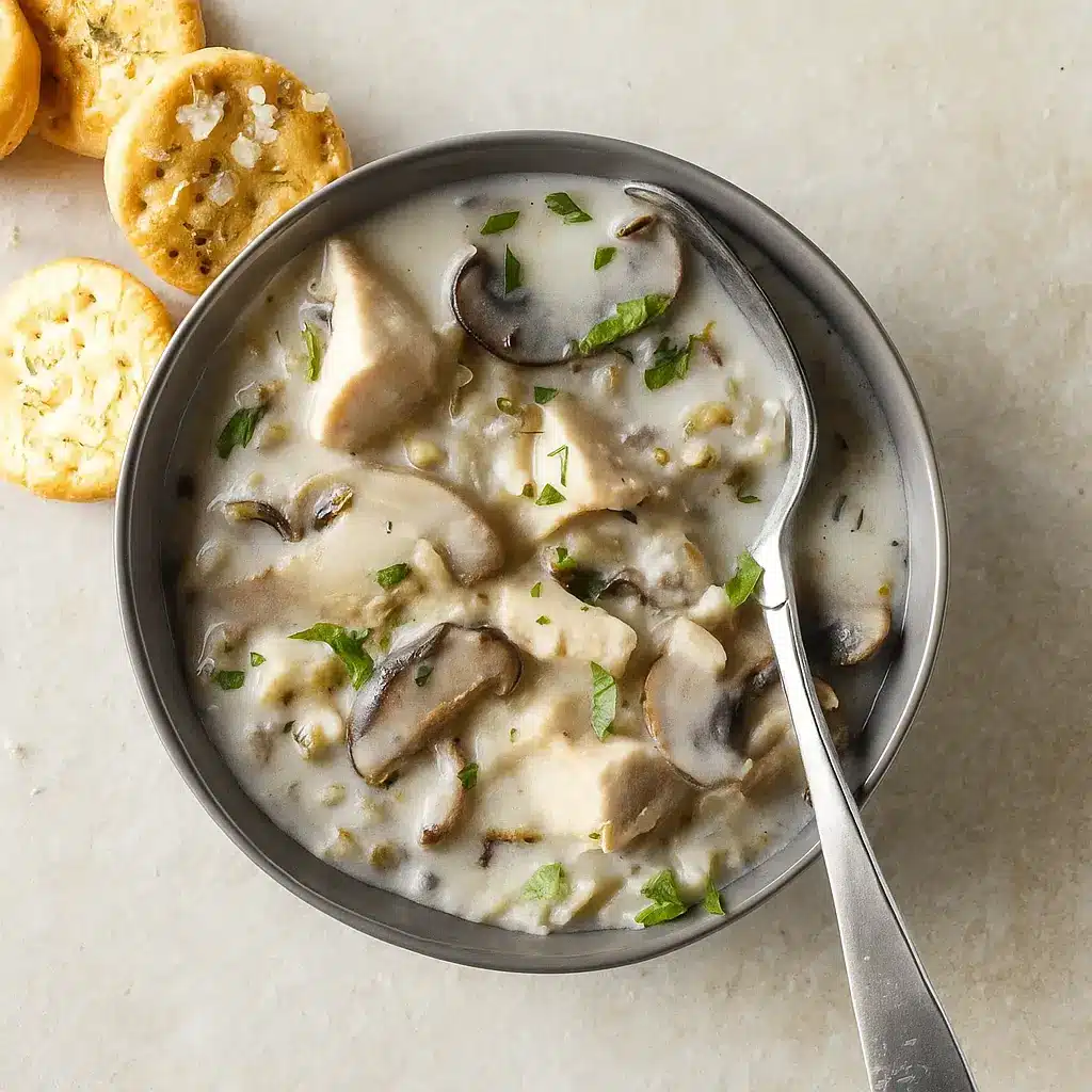 Cream of Turkey and Wild Rice Soup in rustic fall setting