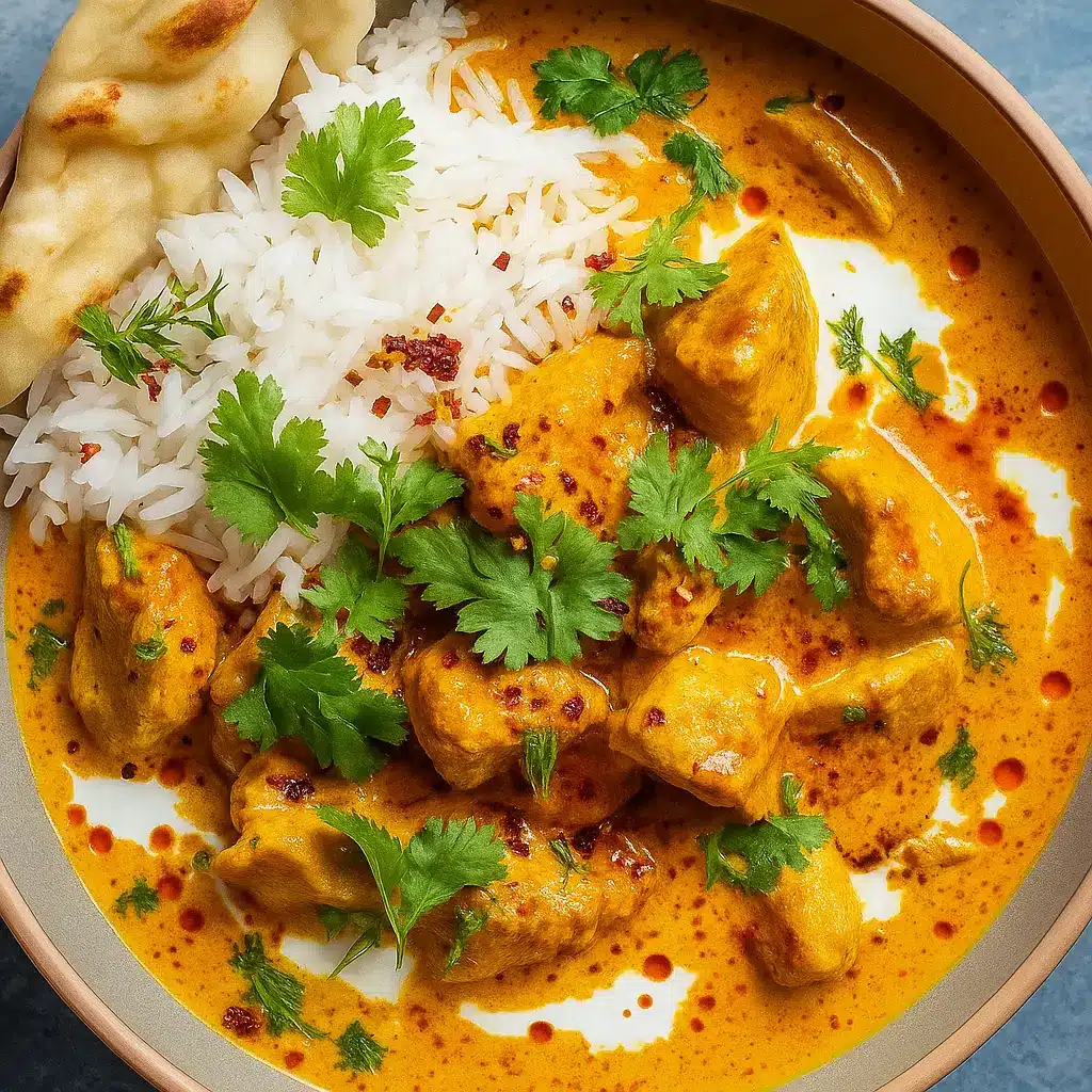 Creamy Butternut Squash Butter Chicken in a bowl with naan