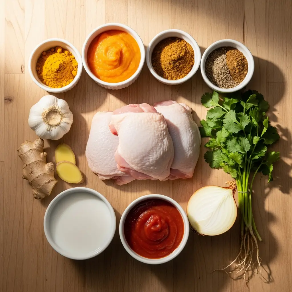 Ingredients for Creamy Butternut Squash Butter Chicken laid out
