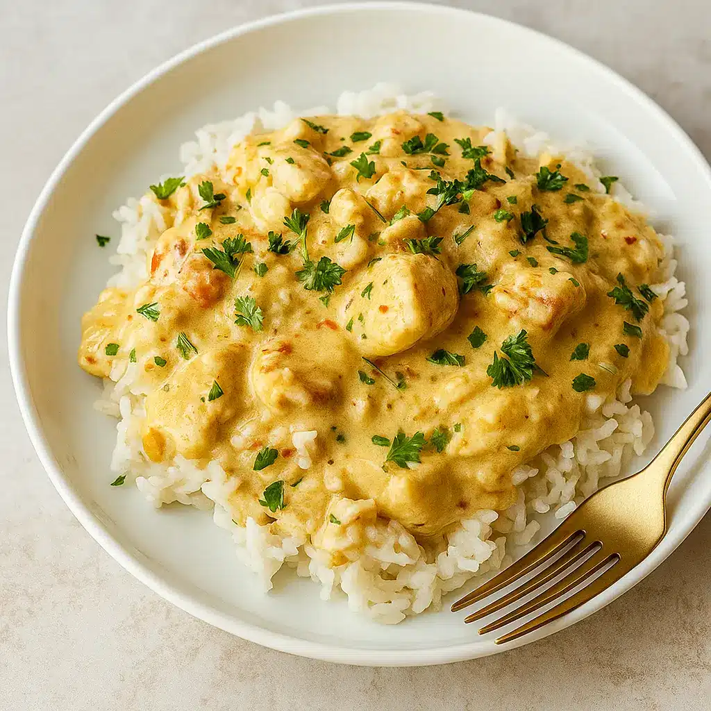 Creamy Chicken and Rice in a rustic skillet
