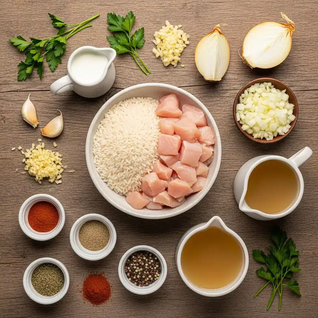 Ingredients for creamy chicken and rice recipe