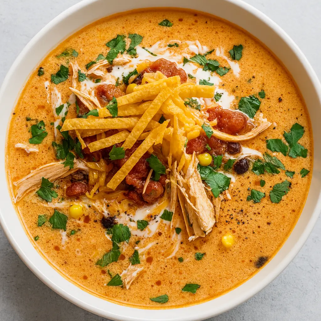 creamy chicken enchilada soup in bowl with toppings