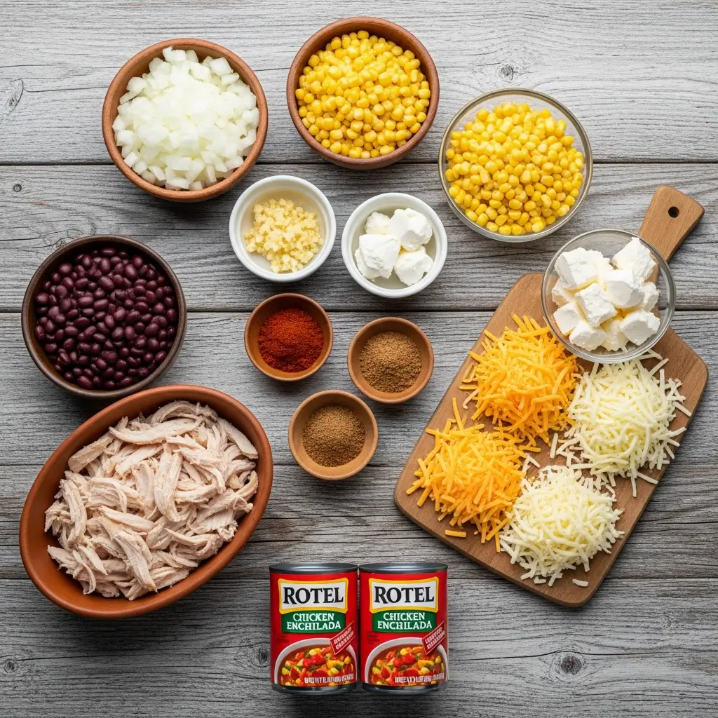 ingredients for creamy chicken enchilada soup laid out in kitchen