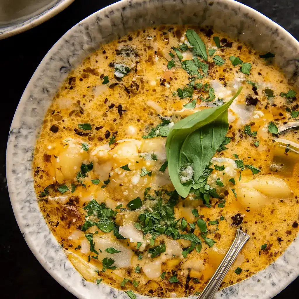 creamy chicken gnocchi soup in rustic bowl