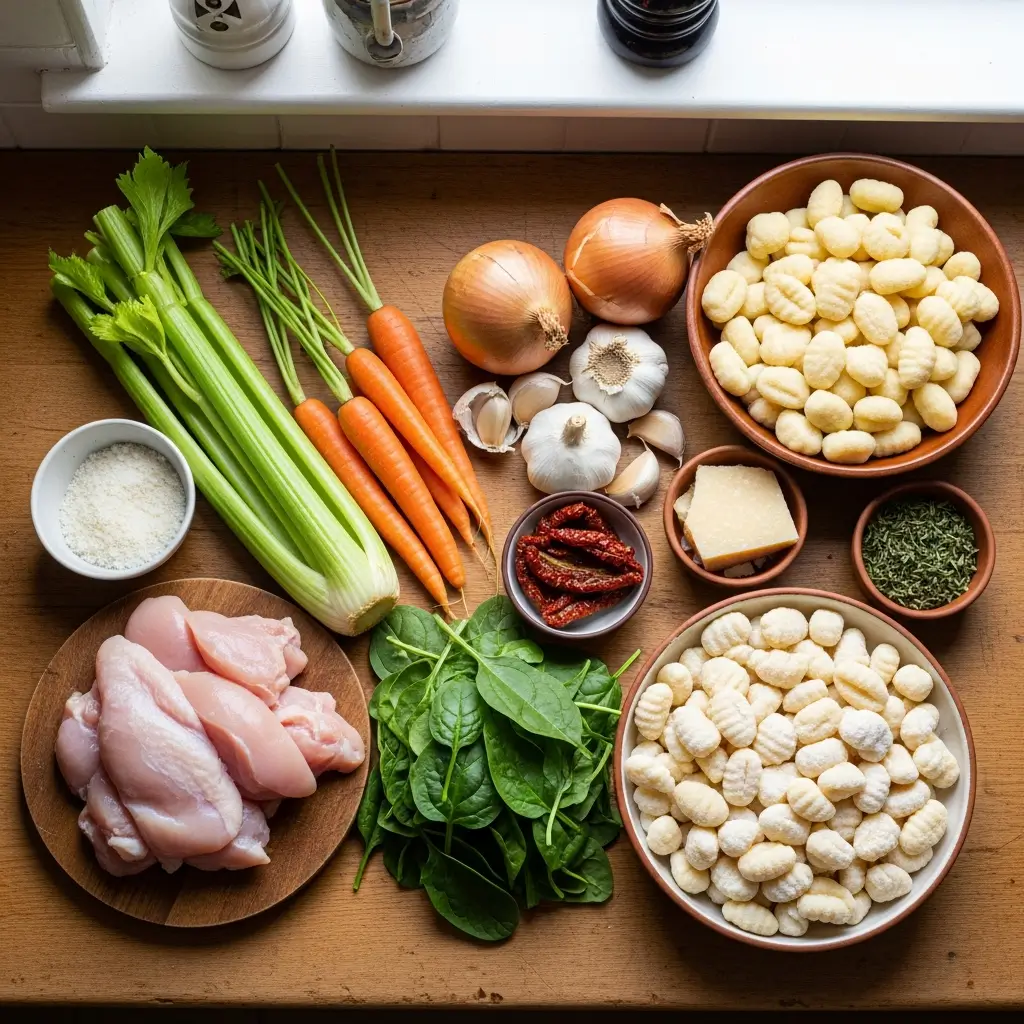 creamy chicken gnocchi soup ingredients laid out