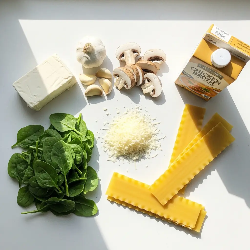 Creamy Chicken Lasagna Soup ingredients flat lay