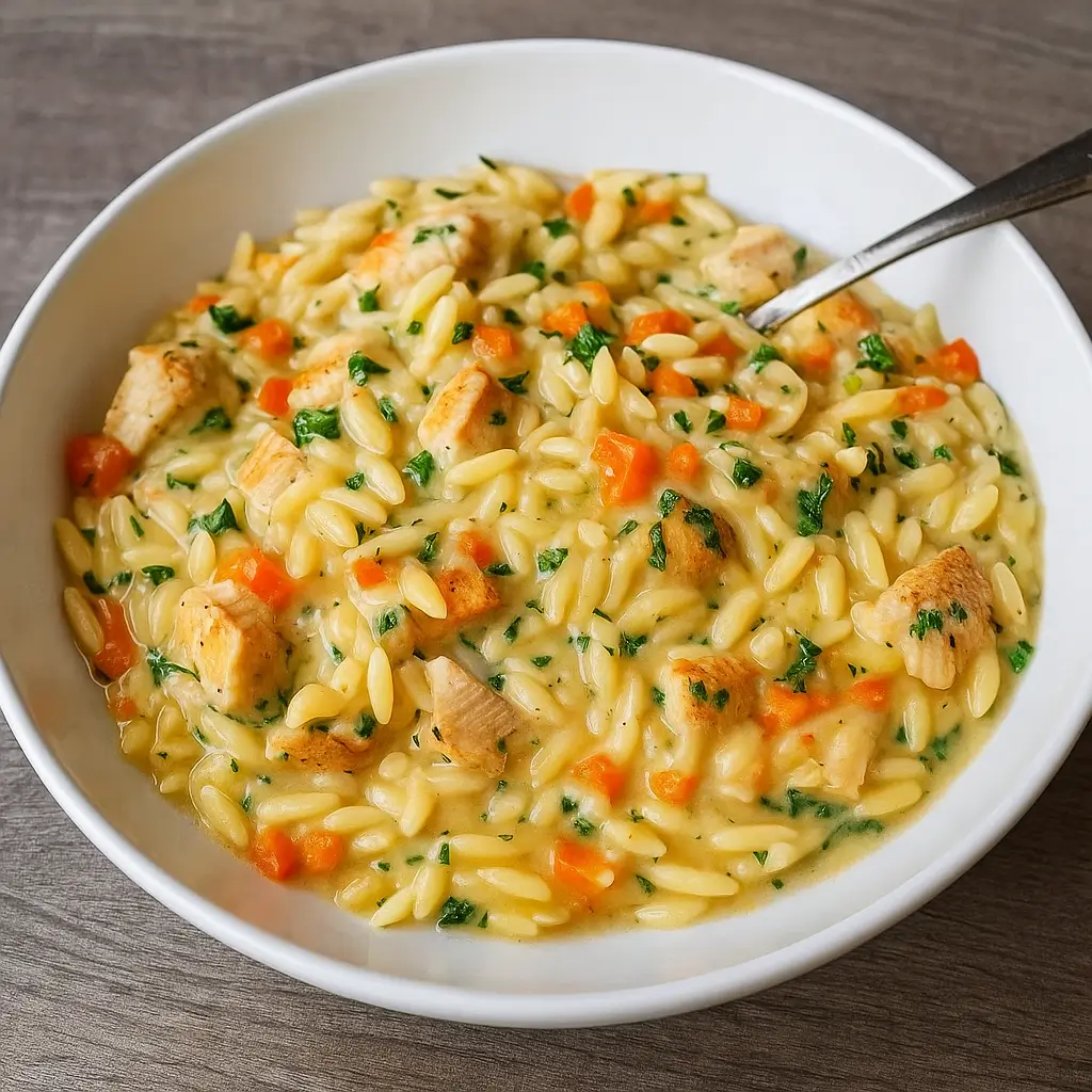 creamy chicken pot pie orzo served hot in a bowl