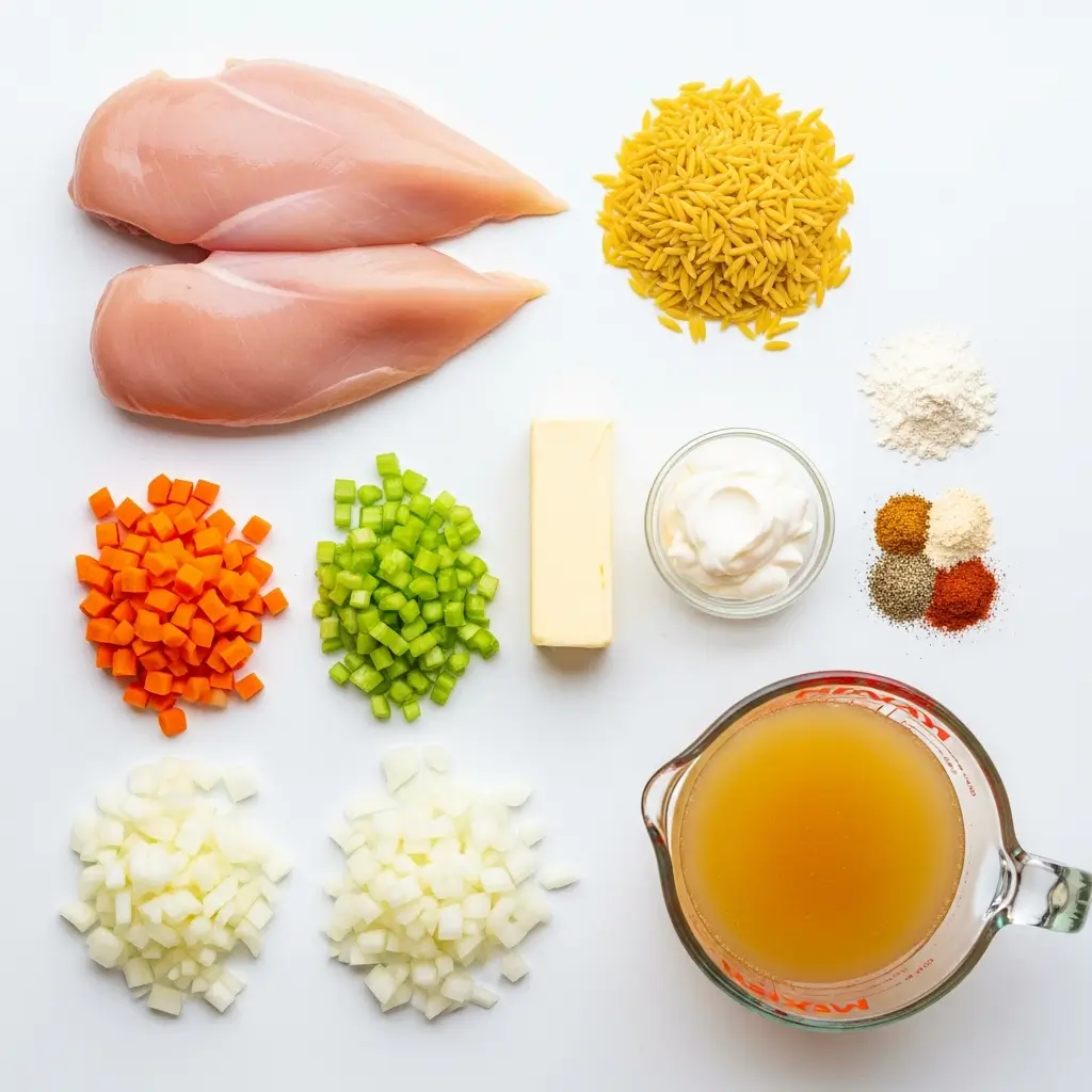 ingredients for creamy chicken pot pie orzo recipe