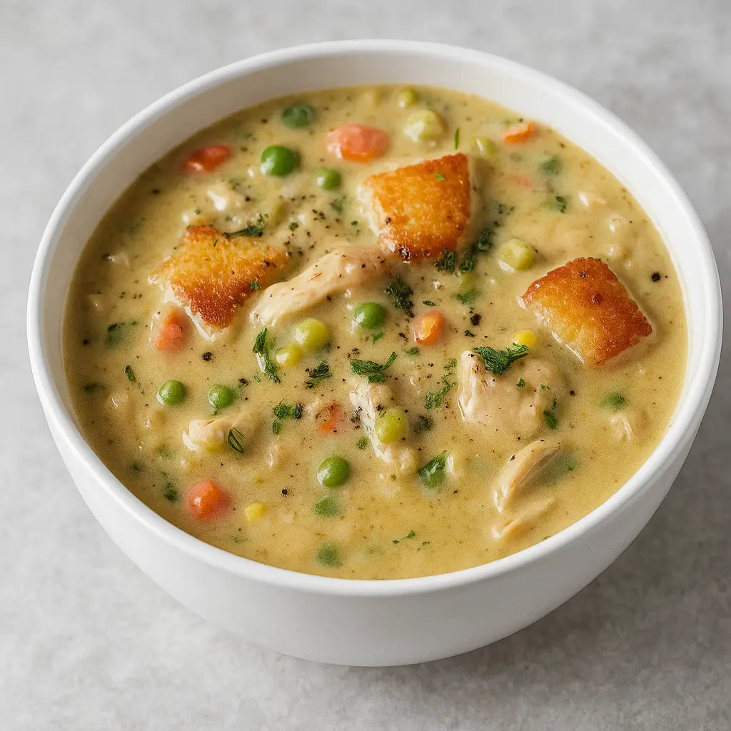 Creamy chicken pot pie soup with biscuit topping