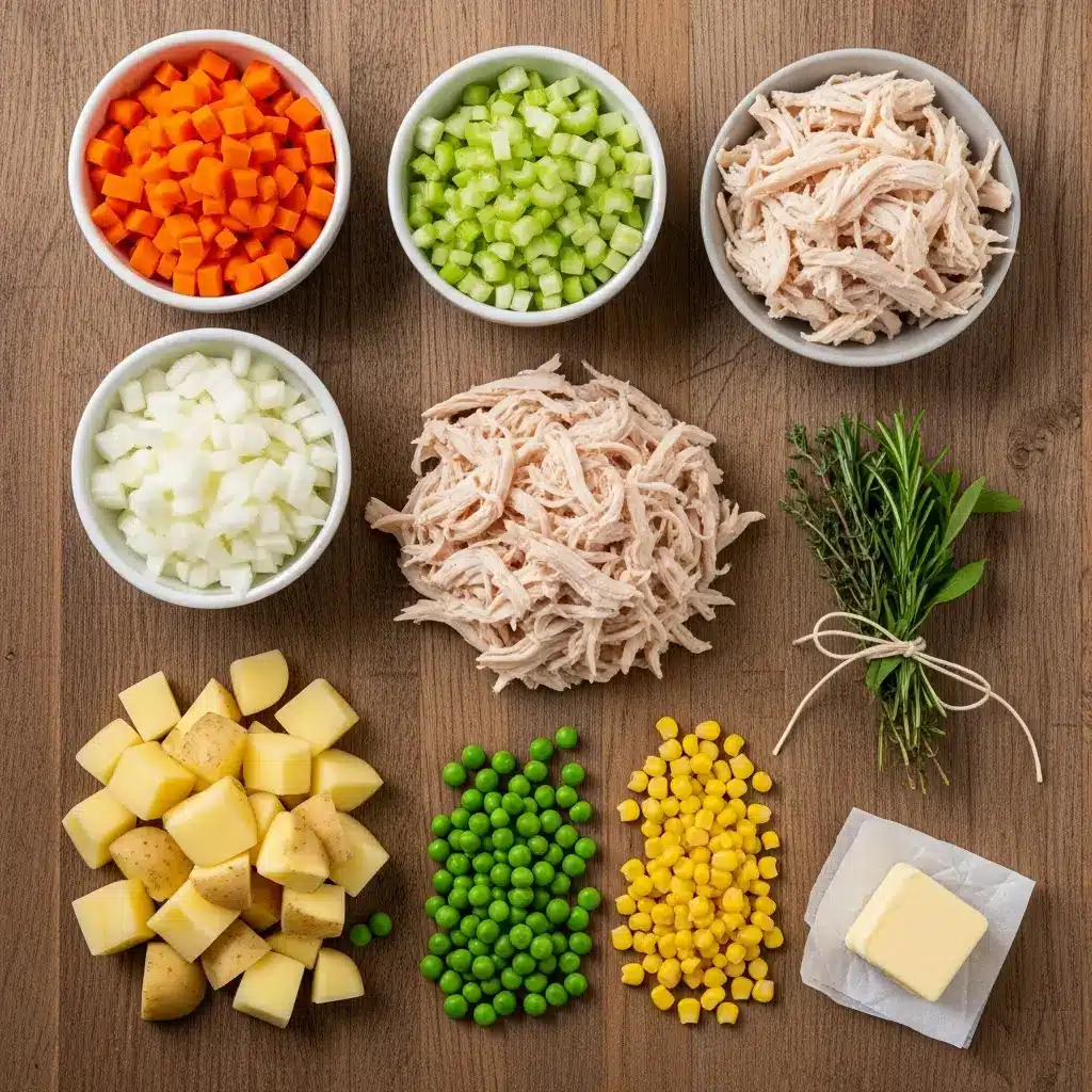 Ingredients for creamy chicken pot pie soup
