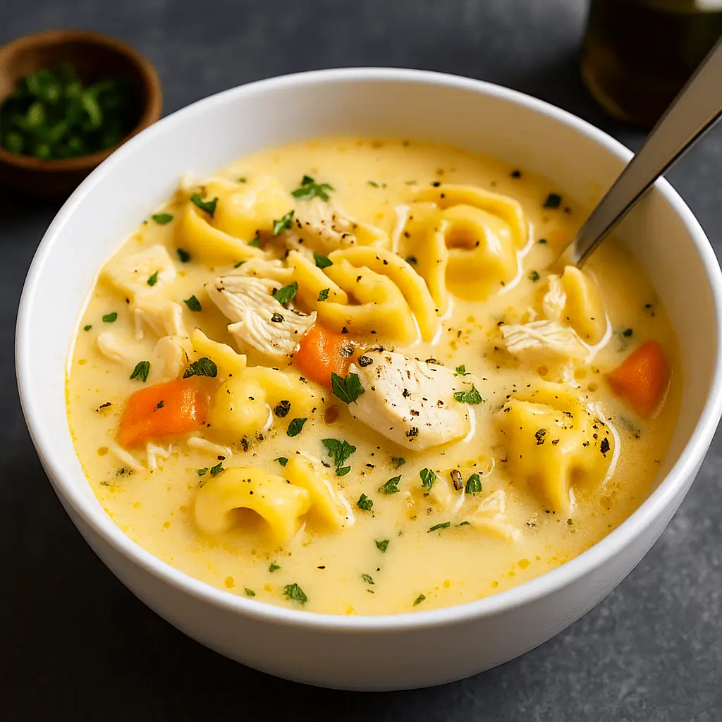 Creamy chicken tortellini soup in a bowl with parsley and Parmesan