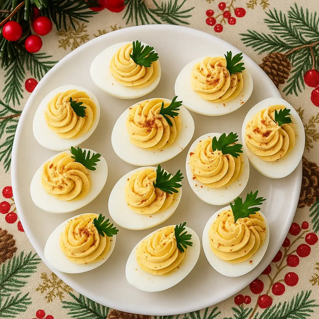 Creamy Christmas Stuffed Eggs on a holiday platter