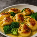 Creamy Garlic Parmesan Tortellini with Chicken and Broccoli in a skillet