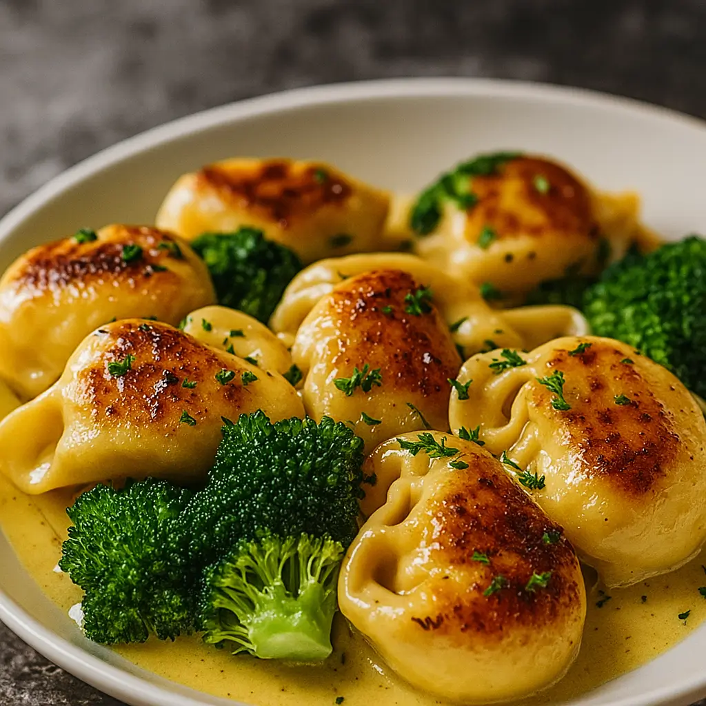 Creamy Garlic Parmesan Tortellini with Chicken and Broccoli in a skillet