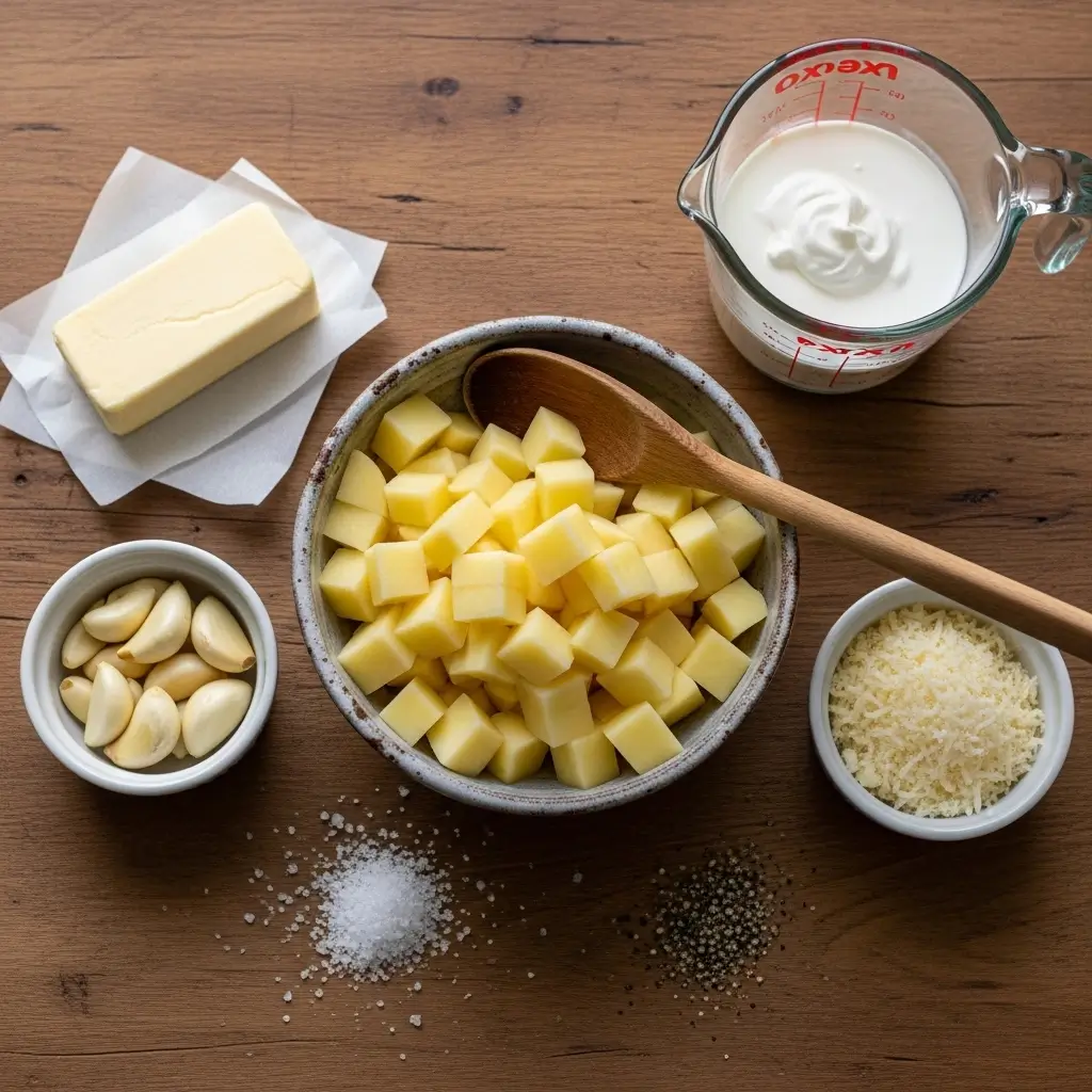 creamy garlic sauce potatoes ingredients flat lay