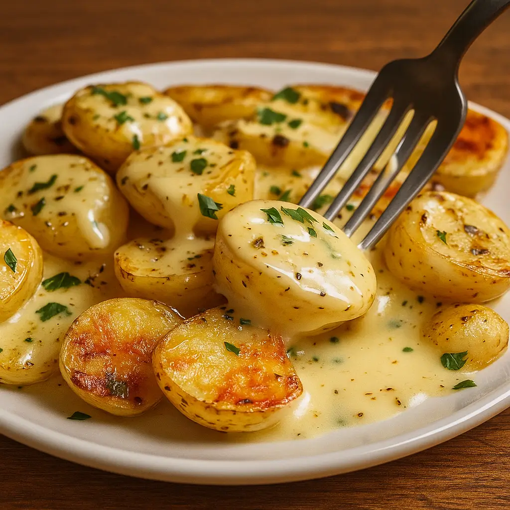 creamy garlic sauce potatoes in rustic bowl