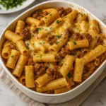 Creamy Parmesan Beef Rigatoni in cozy kitchen setting