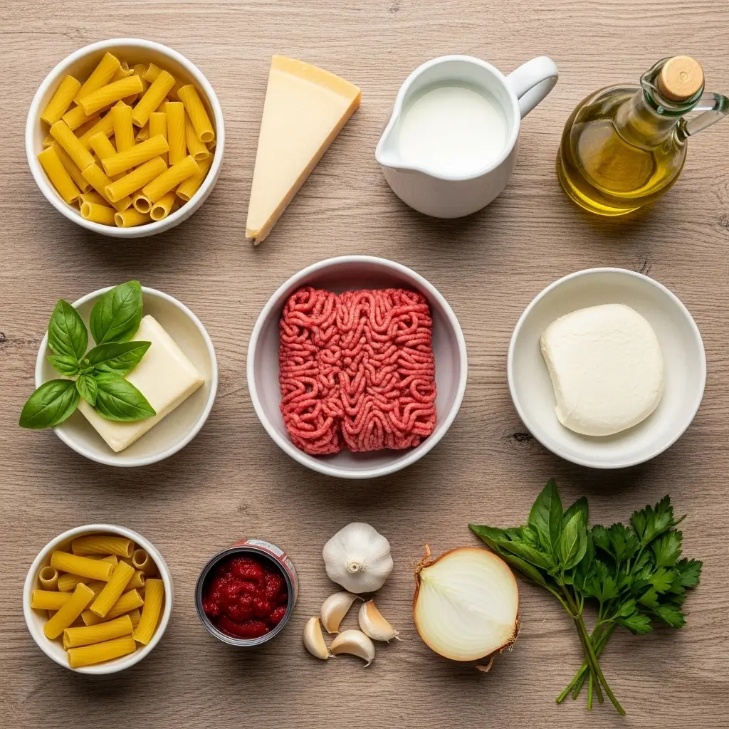 Creamy Parmesan Beef Rigatoni ingredients displayed on counter