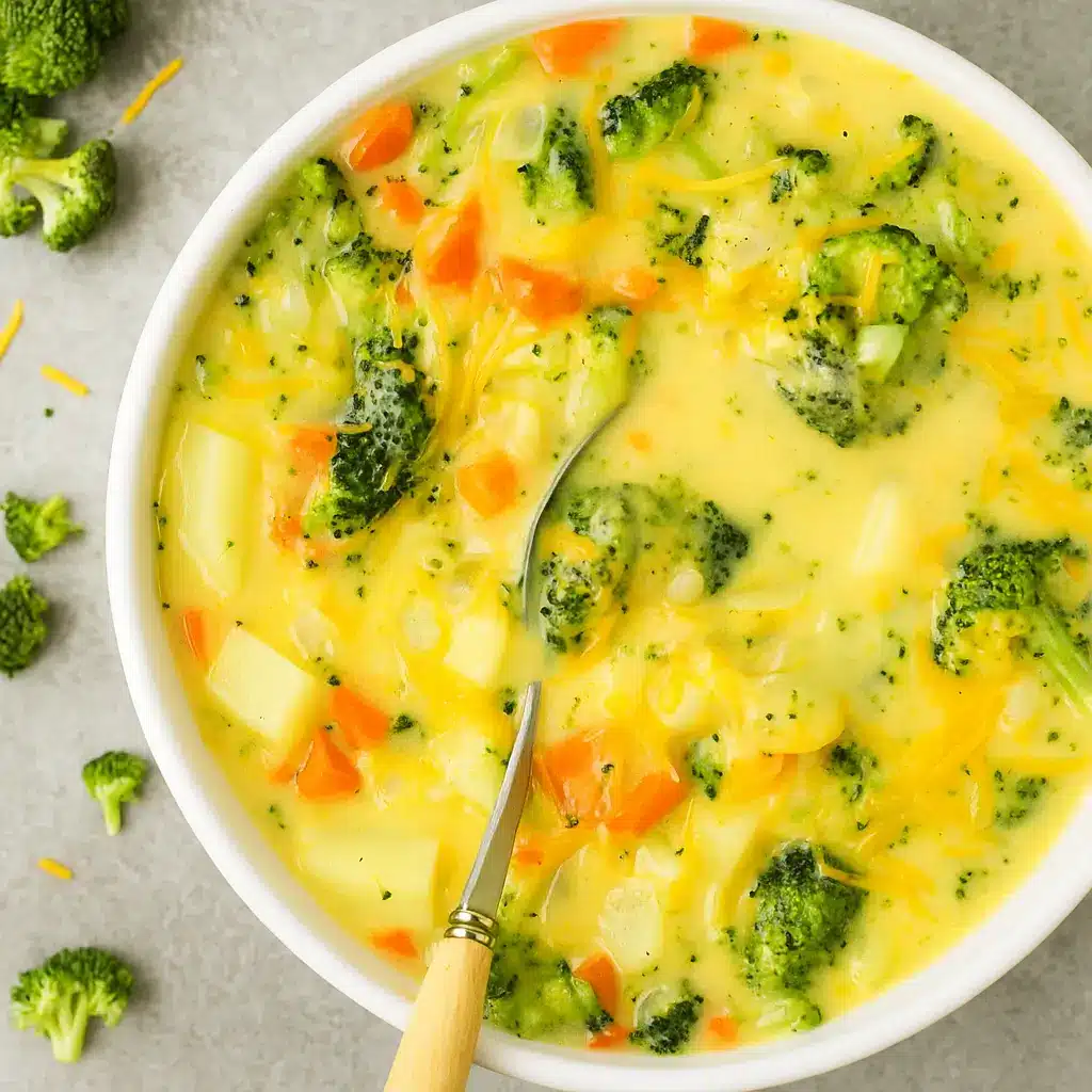 Creamy potato broccoli cheddar soup in a bowl on a rustic table