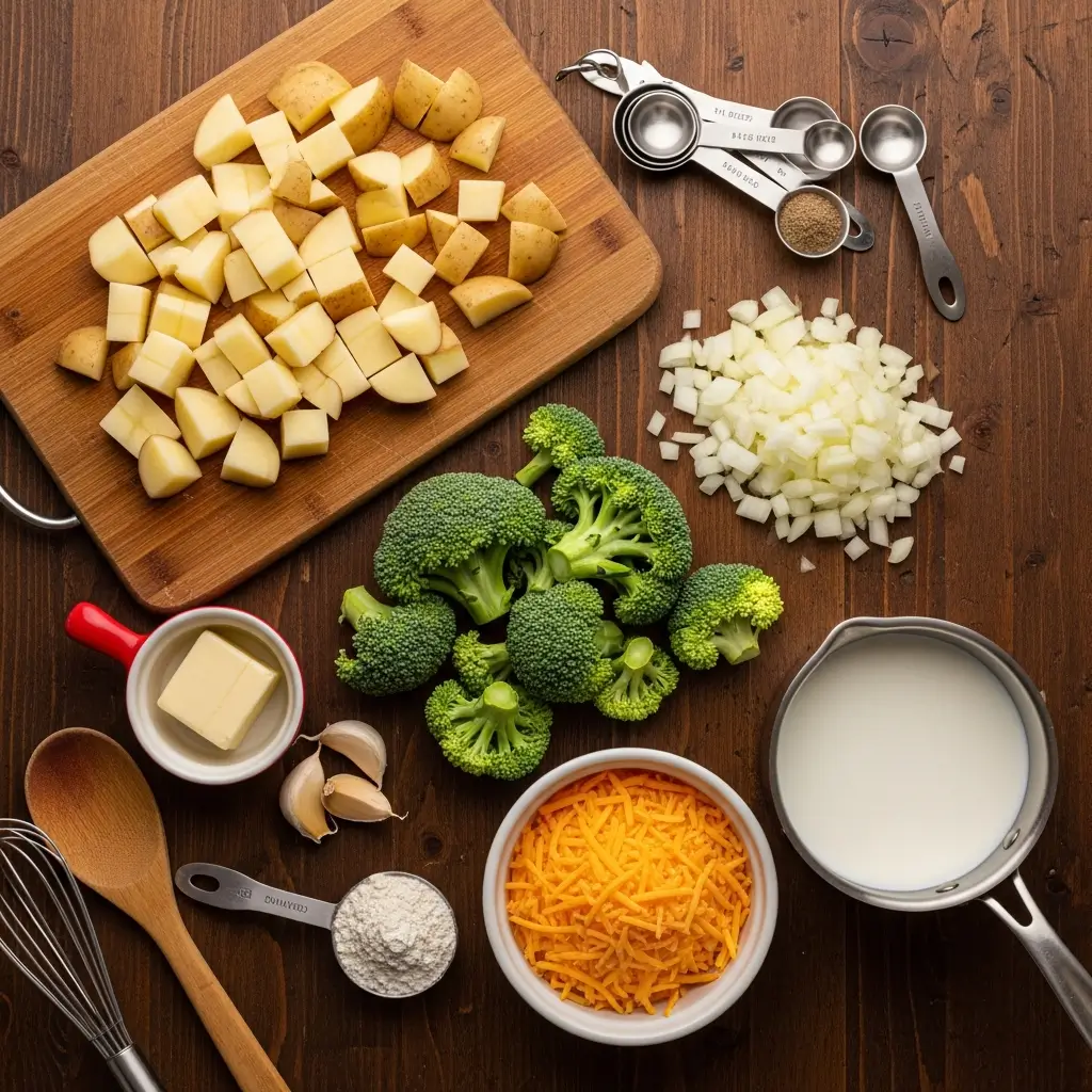 Ingredients for creamy potato broccoli cheddar soup laid out on a kitchen counter