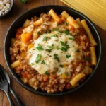 Creamy Rotel Pasta with Ground Beef served in a cozy kitchen