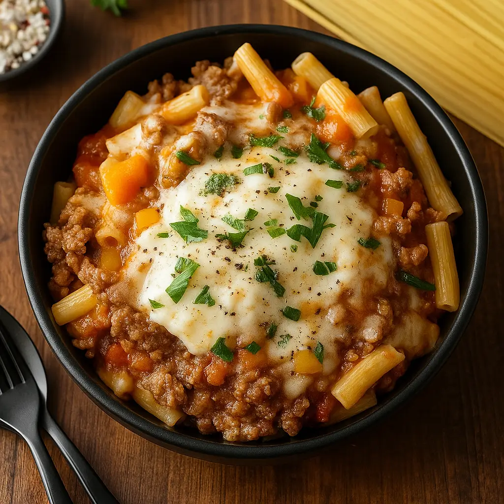 Creamy Rotel Pasta with Ground Beef served in a cozy kitchen