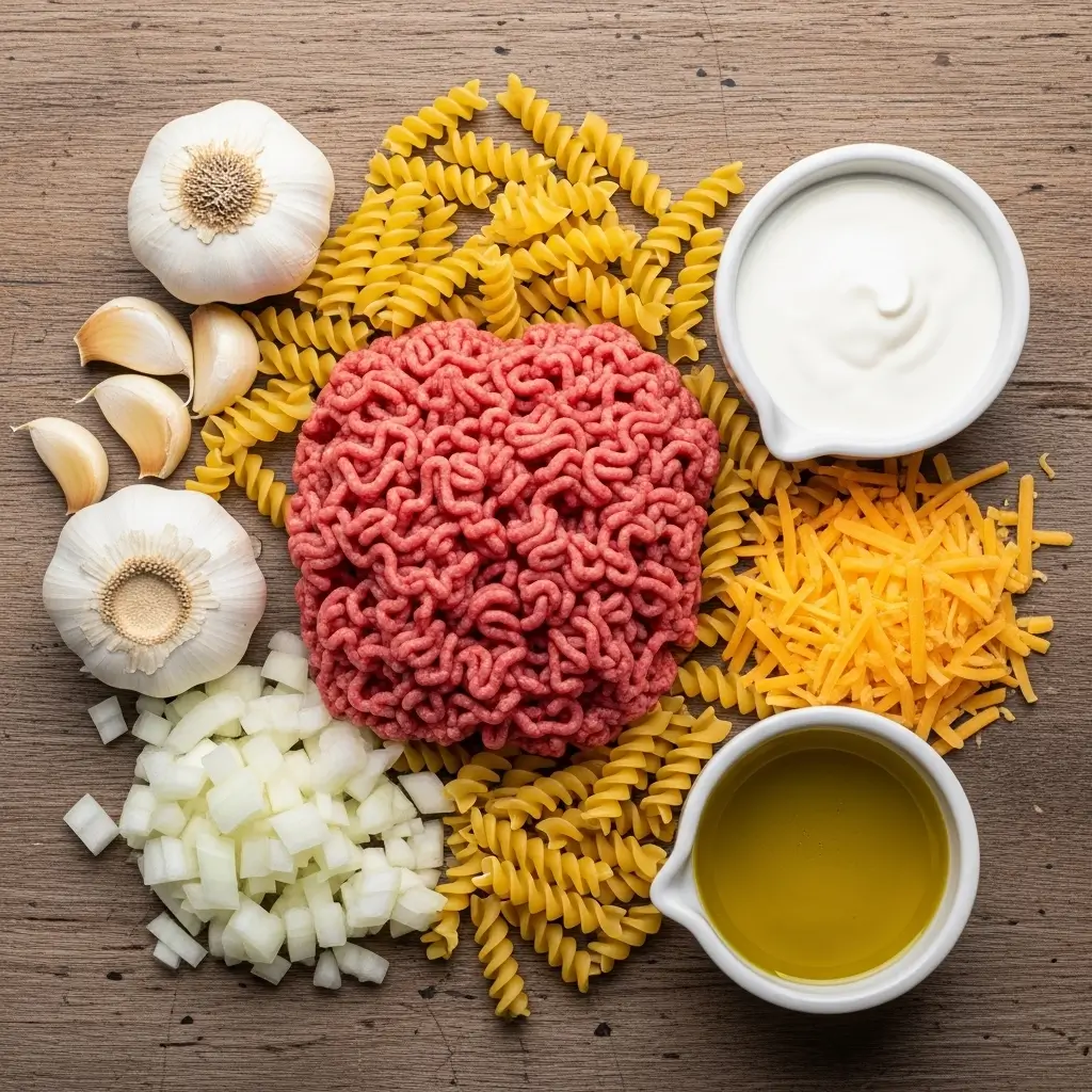 Ingredients for Creamy Rotel Pasta with Ground Beef