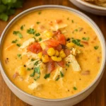 Creamy Southwest Chicken Soup in a rustic bowl topped with cheese and tortilla chips