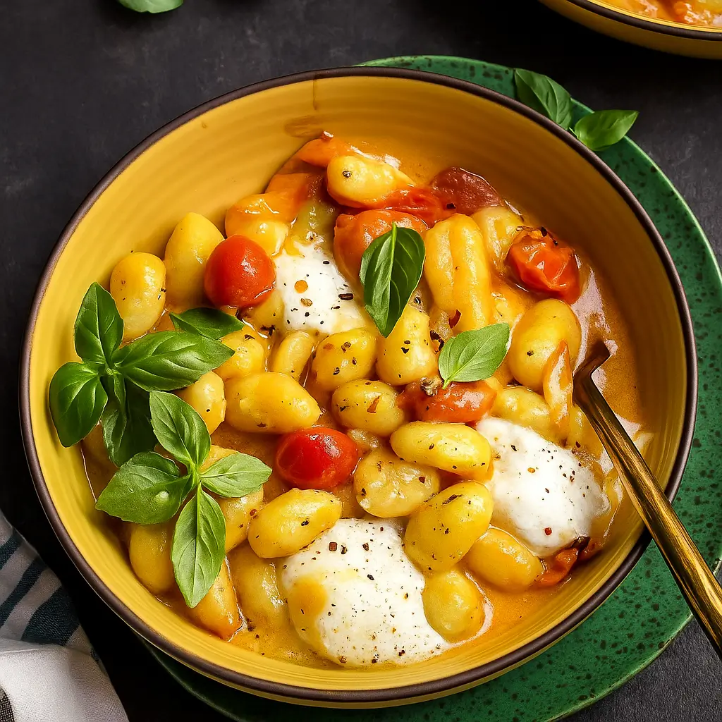 30 Minute Creamy Tomato Gnocchi with Burrata served in a rustic bowl