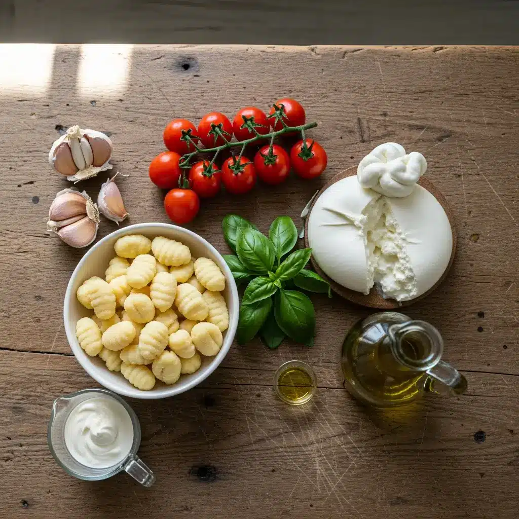 Ingredients for 30 Minute Creamy Tomato Gnocchi with Burrata