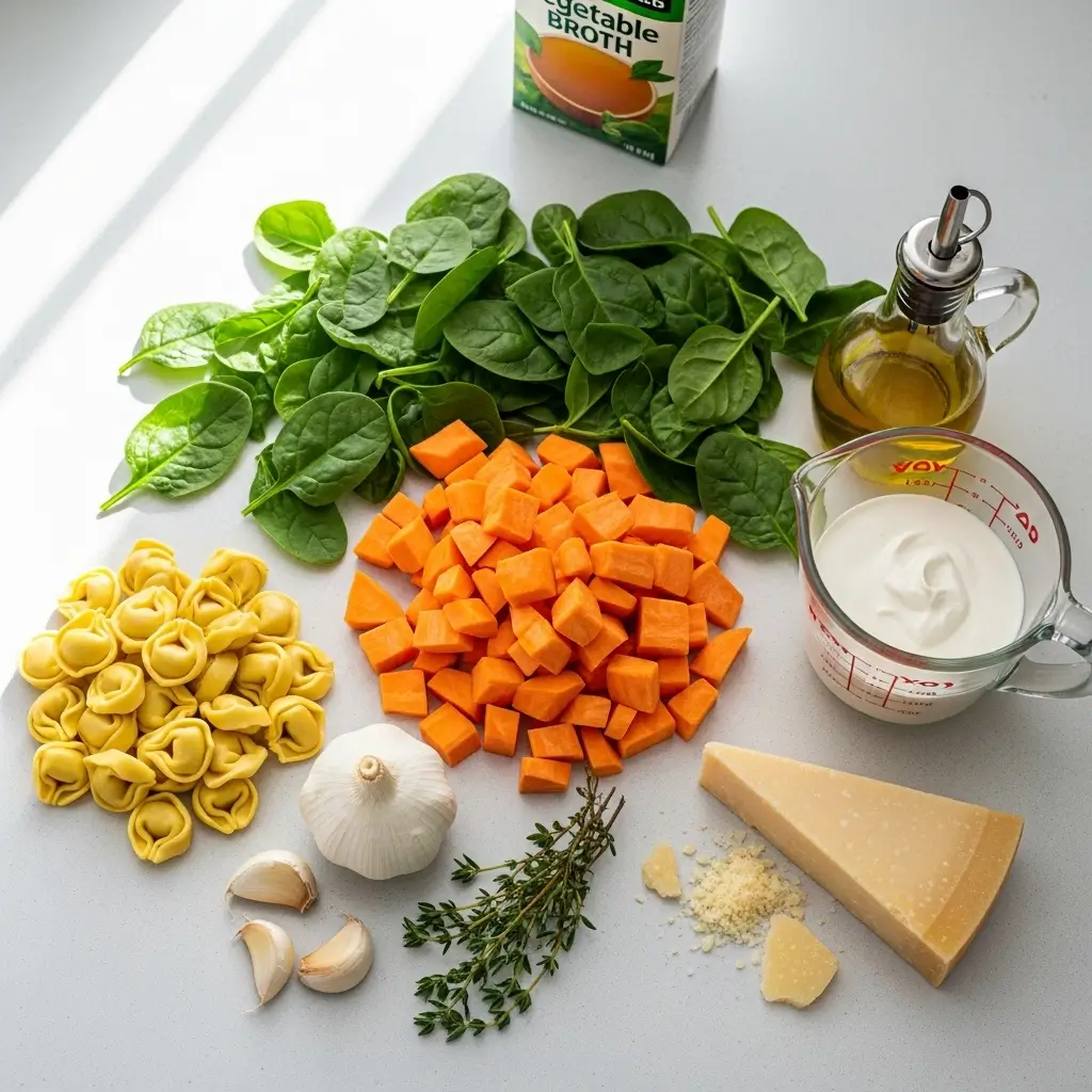 Ingredients for Creamy Skillet Tortellini with Sweet Potato and Spinach