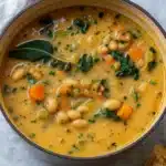 Creamy Tuscan White Bean Soup in a rustic ceramic bowl