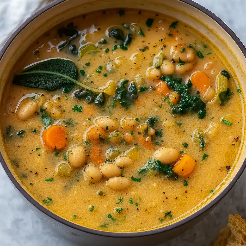Creamy Tuscan White Bean Soup in a rustic ceramic bowl