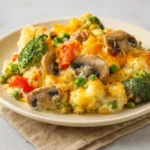 Creamy Vegetable Casserole baked in a white dish