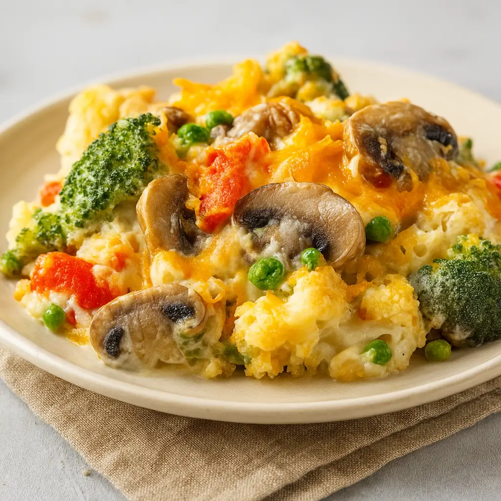 Creamy Vegetable Casserole baked in a white dish