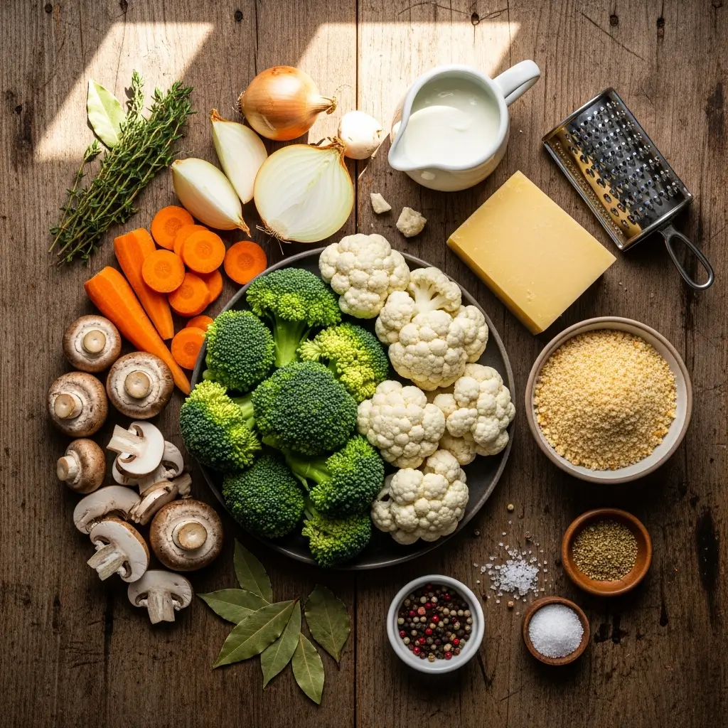 Fresh ingredients for creamy vegetable casserole