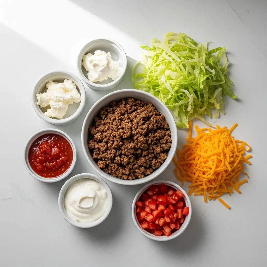 Ingredients laid out for Easy Crescent Roll Taco Pizza