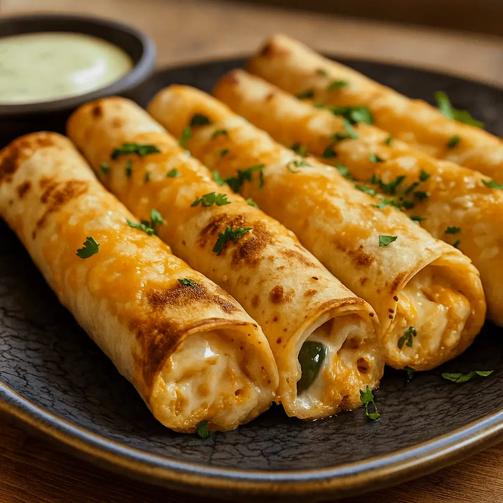 Crispy Chicken Taquitos with dipping sauces