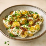 Crispy Smashed Potato Salad in rustic bowl