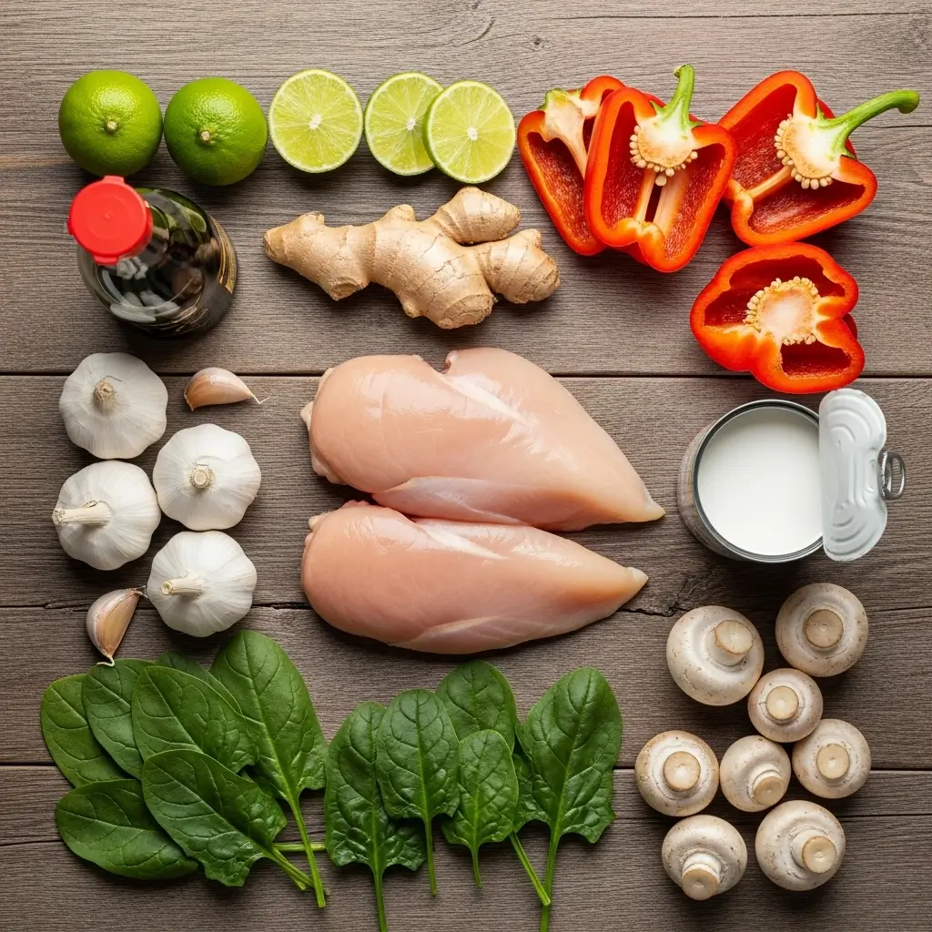 Ingredients for Crock Pot Thai Ginger Chicken Soup laid out on a table