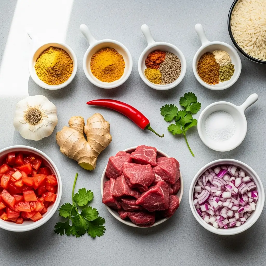 Ingredients for Crock Pot Venison Curry on rustic table