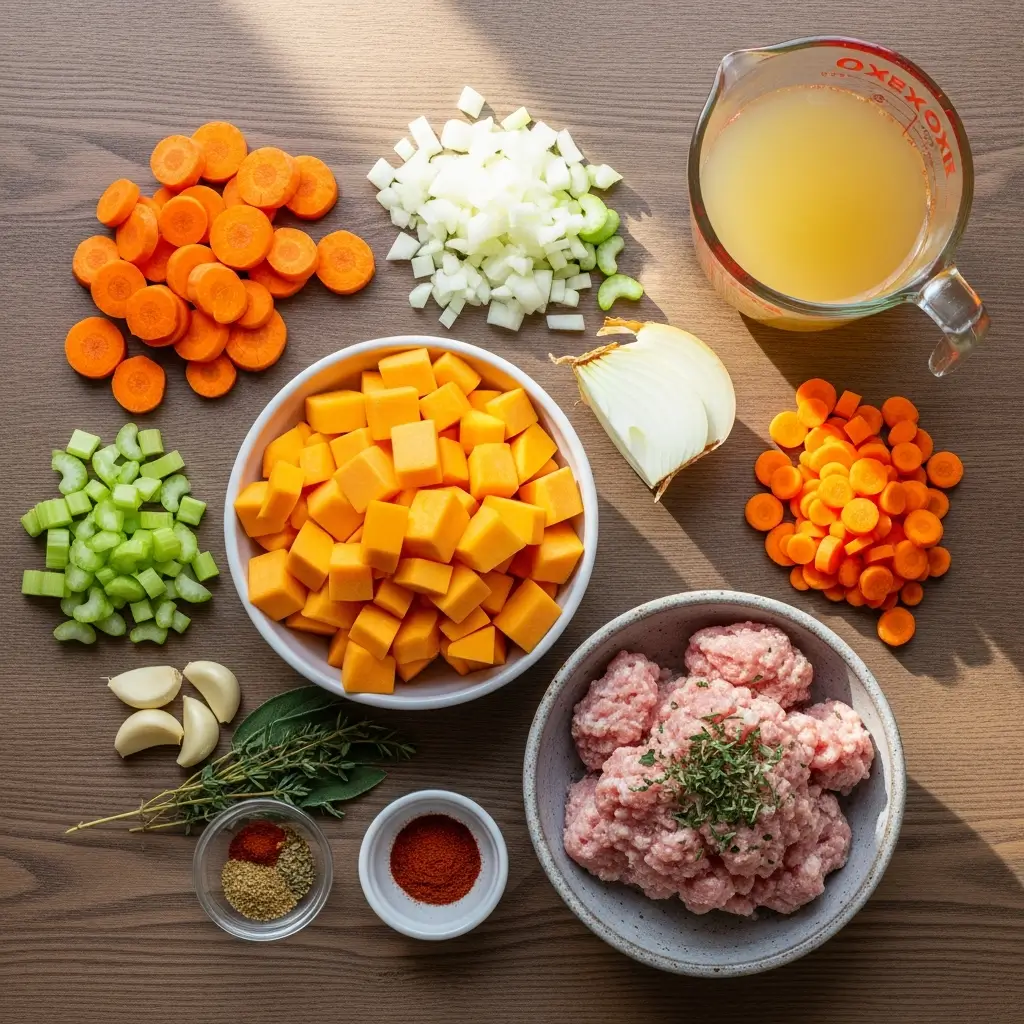 Ingredients for Crockpot Butternut Squash and Turkey Soup laid out