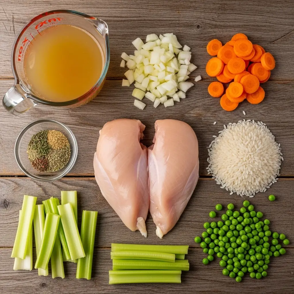 Crockpot Chicken and Rice Soup raw ingredients displayed