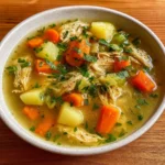 Crockpot Chicken Soup in a rustic bowl with herbs