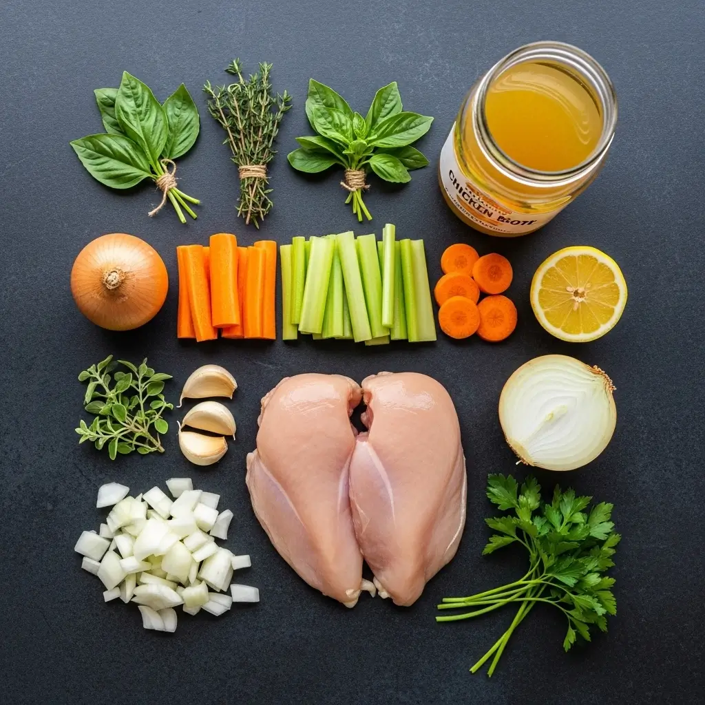 Crockpot Chicken Soup ingredients laid out on a kitchen counter