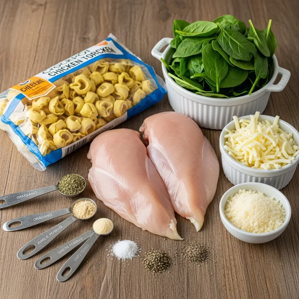 Ingredients for CrockPot Chicken Tortellini laid on a countertop