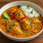Crockpot Coconut Curry Chicken in a bowl with rice