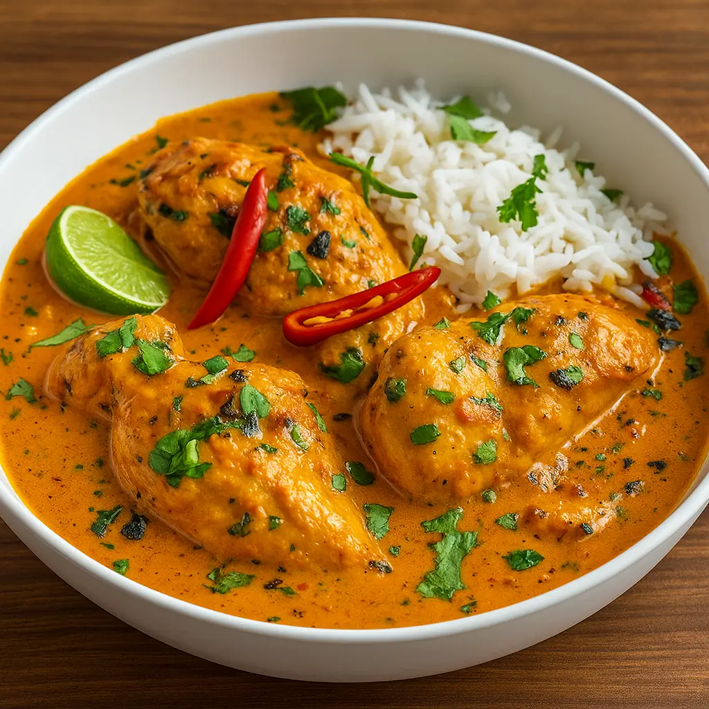 Crockpot Coconut Curry Chicken in a bowl with rice