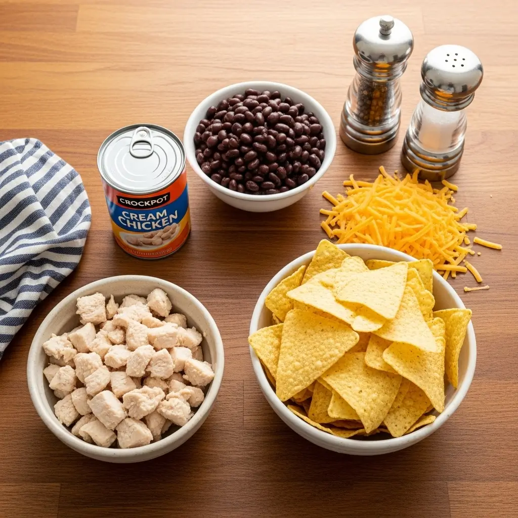 Ingredients for crockpot creamy chicken nachos on a kitchen counter