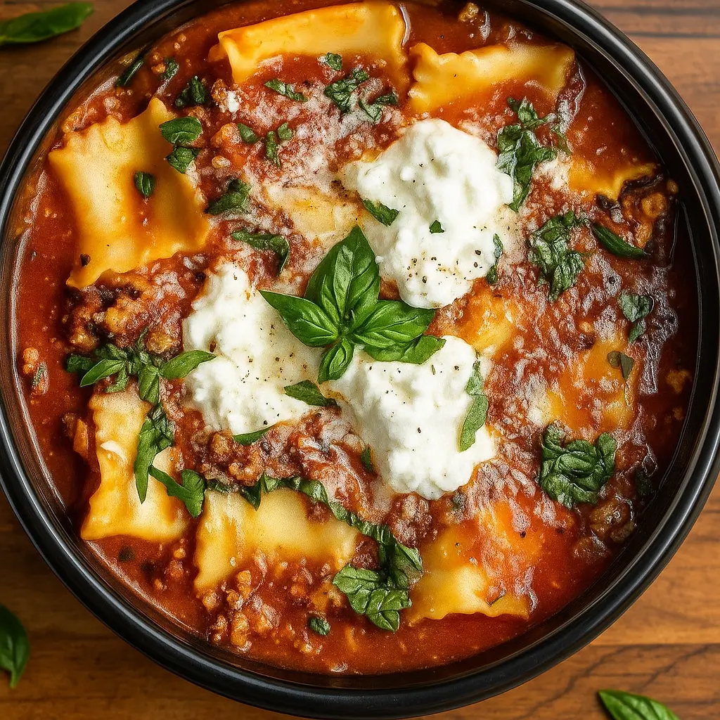 Crockpot Lasagna Soup in a bowl with cheese and basil
